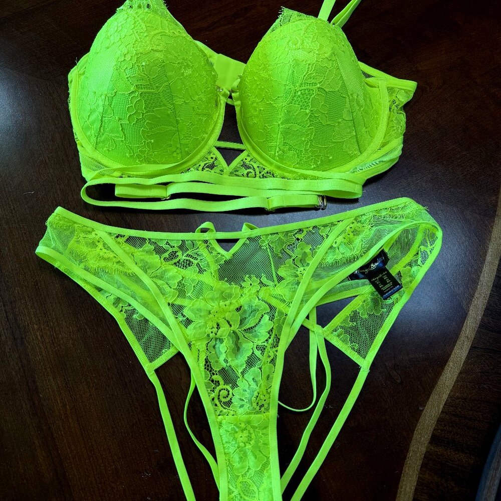 Gorgeous Honey Birdette Vanessa Neon Green Bra/Thong Set 38F/XL NWOT